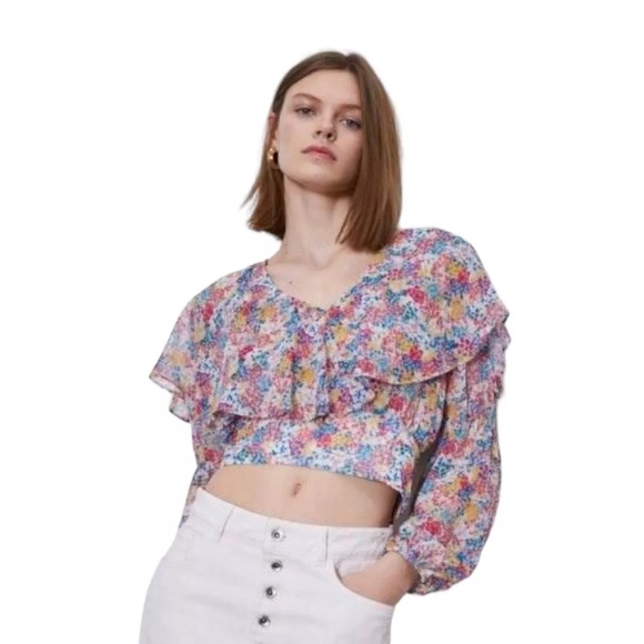 ZARA Floral Chiffon Boho Crop Top Size X-Small floral colorful Summer top - Picture 1 of 9